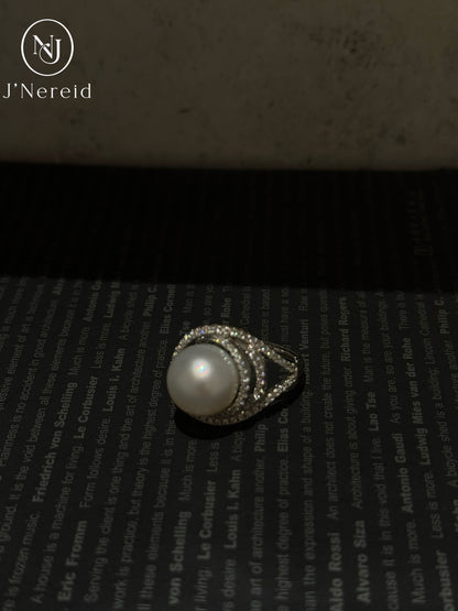 Premium Australian South Sea White Pearl Twisted Band Statement Ring | 12-13mm Natural High-Luster South Sea Pearl, Heavy Solid S925 Sterling Silver Full Pave Zircon Cocktail Fine Jewelry Gift for Women（Pearl Variation）