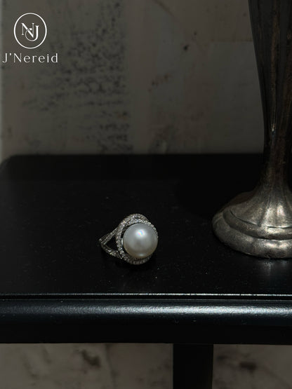 Premium Australian South Sea White Pearl Twisted Band Statement Ring | 12-13mm Natural High-Luster South Sea Pearl, Heavy Solid S925 Sterling Silver Full Pave Zircon Cocktail Fine Jewelry Gift for Women（Pearl Variation）