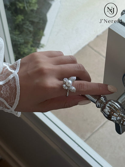 Butterfly Dream Adjustable S925 Silver Aurora Freshwater Pearl Ring (7-8mm)