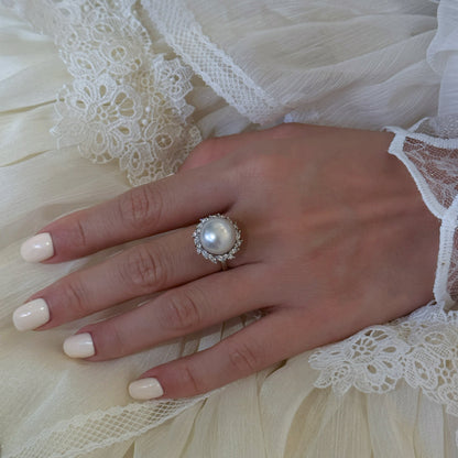 Luxury 11-12mm Australian South Sea White Pearl Ring, Heavy Craft S925 Sterling Silver Halo Zircon Statement Ring for Women Fine Jewelry Gift（Pearl Variation)