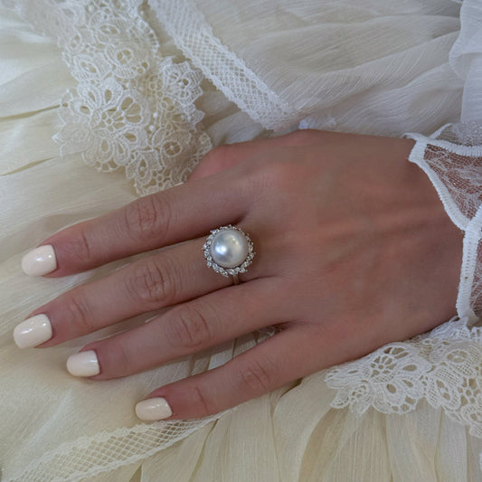 Luxury 11-12mm Australian South Sea White Pearl Ring, Heavy Craft S925 Sterling Silver Halo Zircon Statement Ring for Women Fine Jewelry Gift（Pearl Variation)