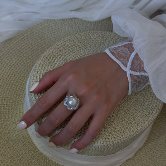 Luxury 11-12mm Australian South Sea White Pearl Floral Framed Ring, Heavy Solid S925 Sterling Silver Paved Zircon Statement Fine Jewelry Ring for Women Wedding & Anniversary Gift（Pearl Variation）