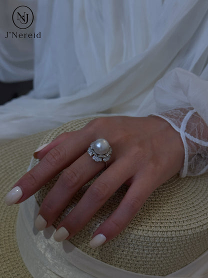 Luxury 11-12mm Australian South Sea White Pearl Floral Framed Ring, Heavy Solid S925 Sterling Silver Paved Zircon Statement Fine Jewelry Ring for Women Wedding & Anniversary Gift（Pearl Variation）