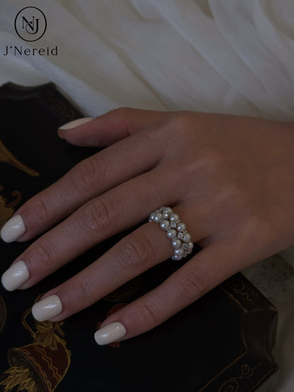 3-4mm Aurora Freshwater Pearl Double Row Adjustable Stretchy Ring Band with S925 Silver & Zircon Accents
