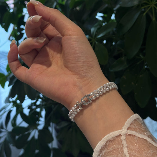 Double Row 3-4mm Aurora Freshwater Pearl Tennis Bracelet with S925 Silver & Zircon