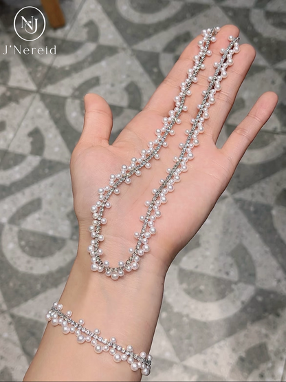 Wire Woven Tennis Pearl Jewelry Set, Graduated 3-5mm Freshwater Pearl Long Layering Tennis Necklace & Matching Woven Tennis Bracelet, Handmade Delicate Pearl Set for Women Daily Elegant Wear