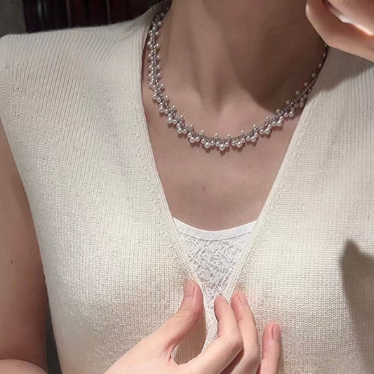 Wire Woven Tennis Pearl Jewelry Set, Graduated 3-5mm Freshwater Pearl Long Layering Tennis Necklace & Matching Woven Tennis Bracelet, Handmade Delicate Pearl Set for Women Daily Elegant Wear