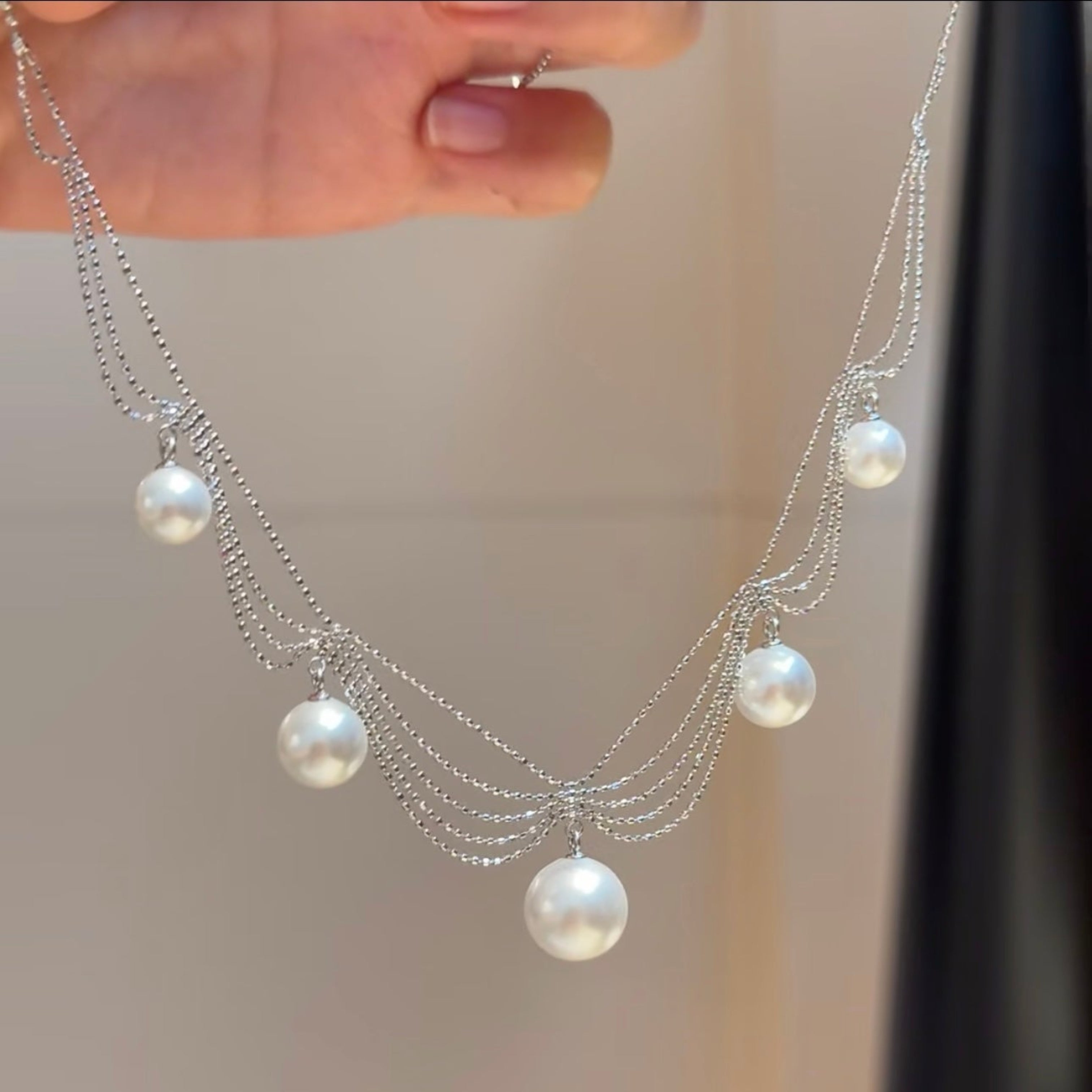 Fairy Tiered Lace Chain Aurora Freshwater Pearl Drop Necklace, Handcrafted S925 Silver Elegant Statement Neck Jewelry（Pearl Variation）