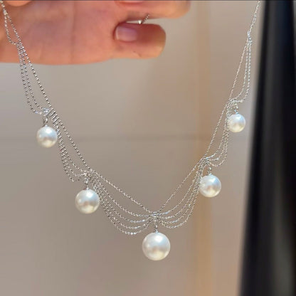 Fairy Tiered Lace Chain Aurora Freshwater Pearl Drop Necklace, Handcrafted S925 Silver Elegant Statement Neck Jewelry（Pearl Variation）