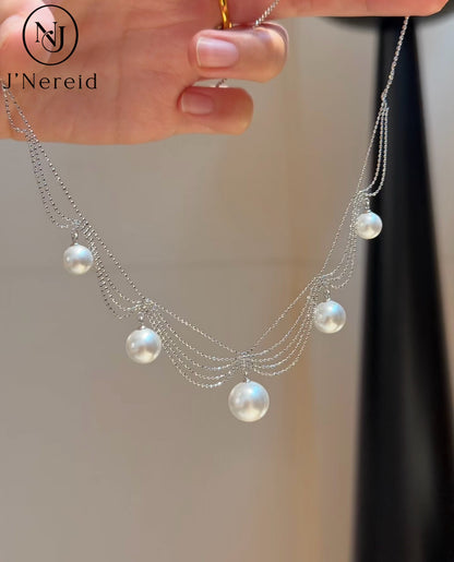 Fairy Tiered Lace Chain Aurora Freshwater Pearl Drop Necklace, Handcrafted S925 Silver Elegant Statement Neck Jewelry（Pearl Variation）