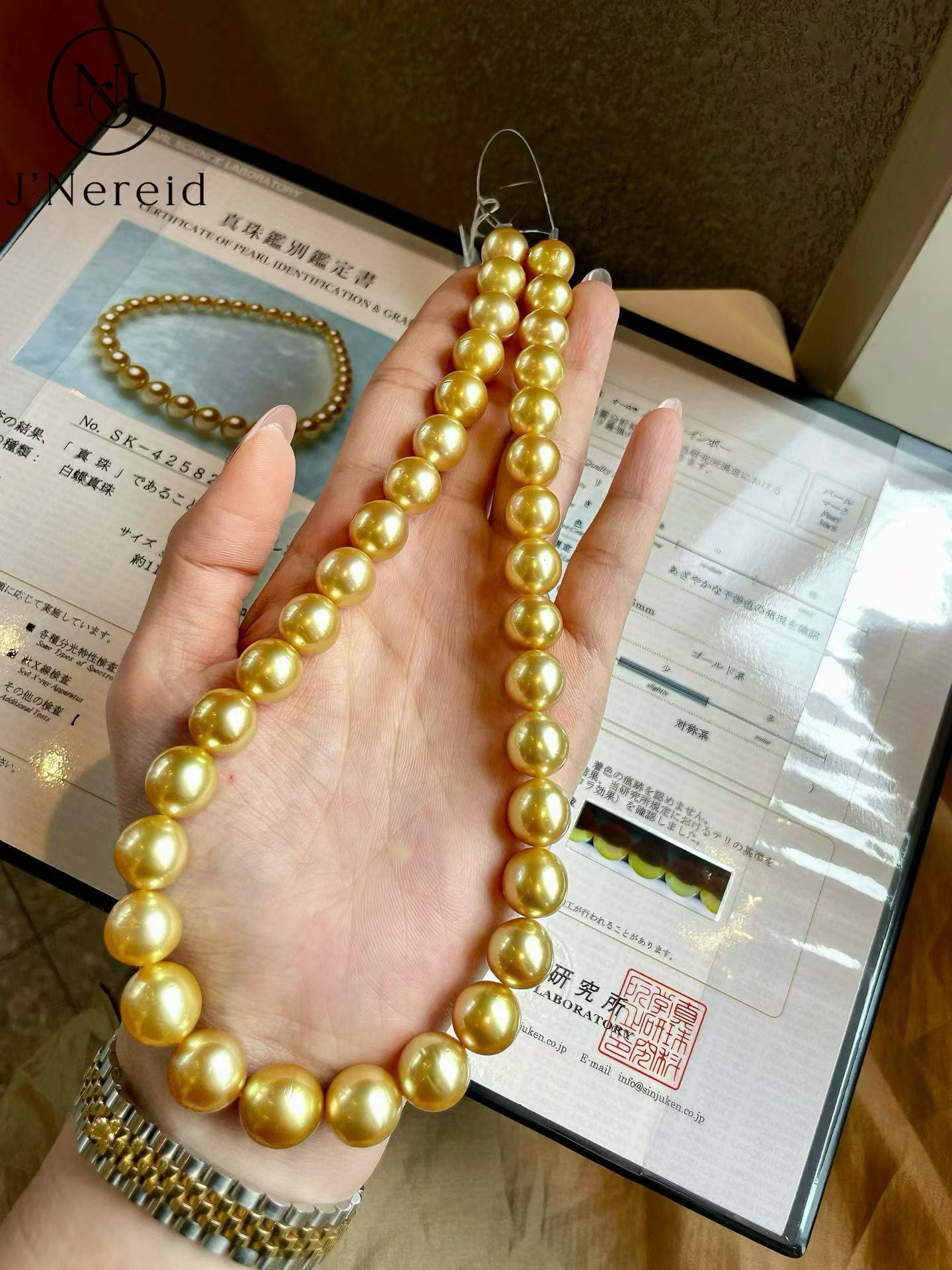 Moon Rainbow Grade Golden South Sea Pearl Necklace 11-13.2mm Near Round Rich Deep Gold Tone Metallic Luster Pearl Strand with Pearl Science Laboratory Certificate
