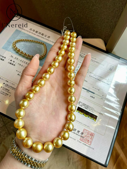 Moon Rainbow Grade Golden South Sea Pearl Necklace 11-13.2mm Near Round Rich Deep Gold Tone Metallic Luster Pearl Strand with Pearl Science Laboratory Certificate