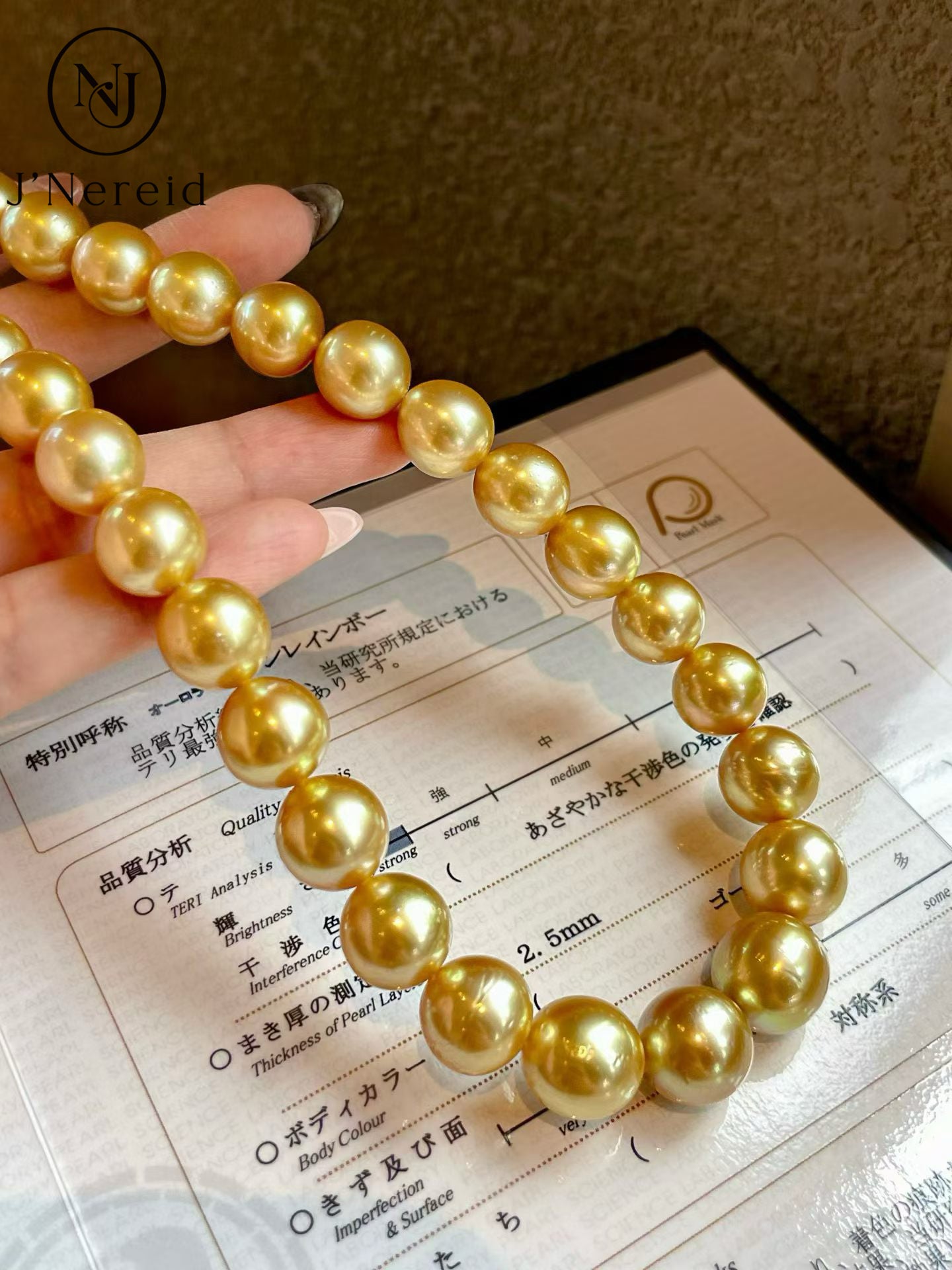Moon Rainbow Grade Golden South Sea Pearl Necklace 11-13.2mm Near Round Rich Deep Gold Tone Metallic Luster Pearl Strand with Pearl Science Laboratory Certificate