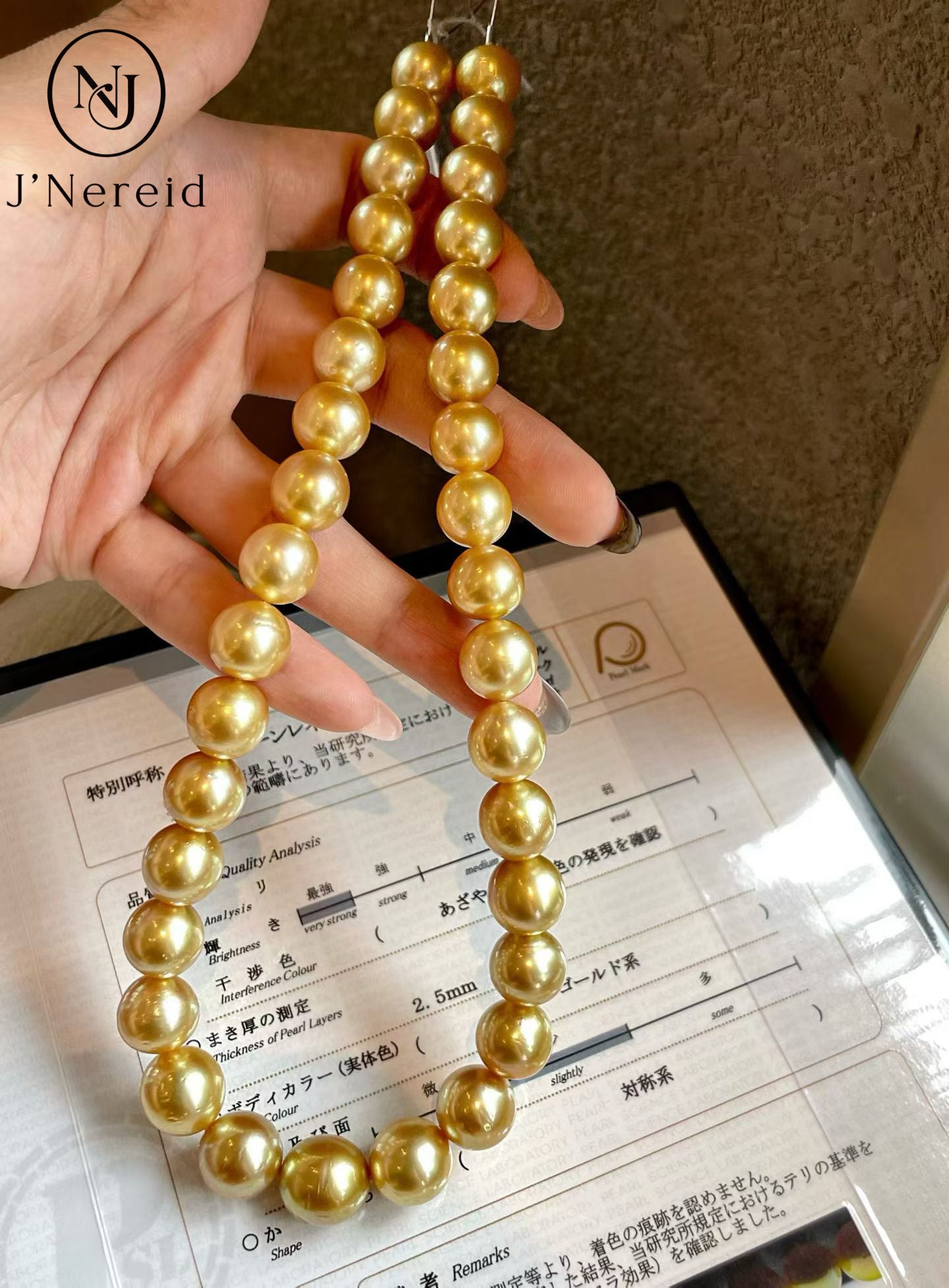 Moon Rainbow Grade Golden South Sea Pearl Necklace 11-13.2mm Near Round Rich Deep Gold Tone Metallic Luster Pearl Strand with Pearl Science Laboratory Certificate