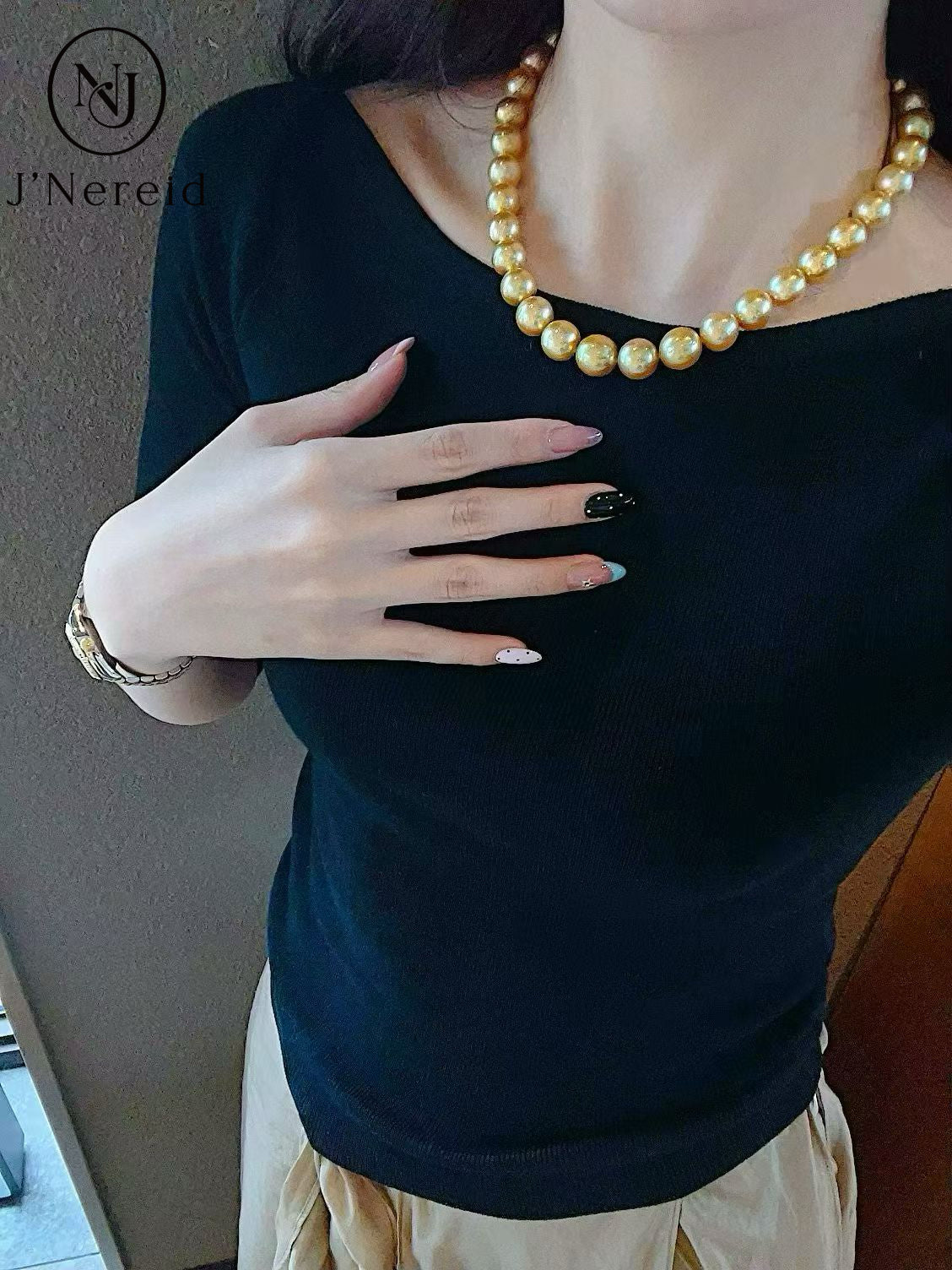 Moon Rainbow Grade Golden South Sea Pearl Necklace 11-13.2mm Near Round Rich Deep Gold Tone Metallic Luster Pearl Strand with Pearl Science Laboratory Certificate