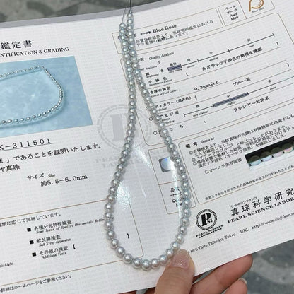 Blue Rose Grade Aurora Gray Akoya Pearl Necklace 5.5-6mm Natural Color Mermaid Pearl Iridescent Shine Slight Tiny Blemishes With Pearl Science Laboratory Certificate