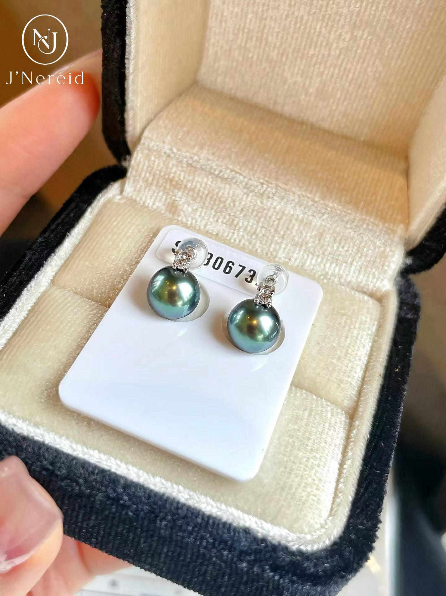 Peacock Grade Tahitian Pearl Stud Earrings 8.1mm Near Round Peacock Blue-Green Iridescent Luster Minimal Tiny Blemishes Classic Diana Setting with Pearl Science Laboratory SK Certificate