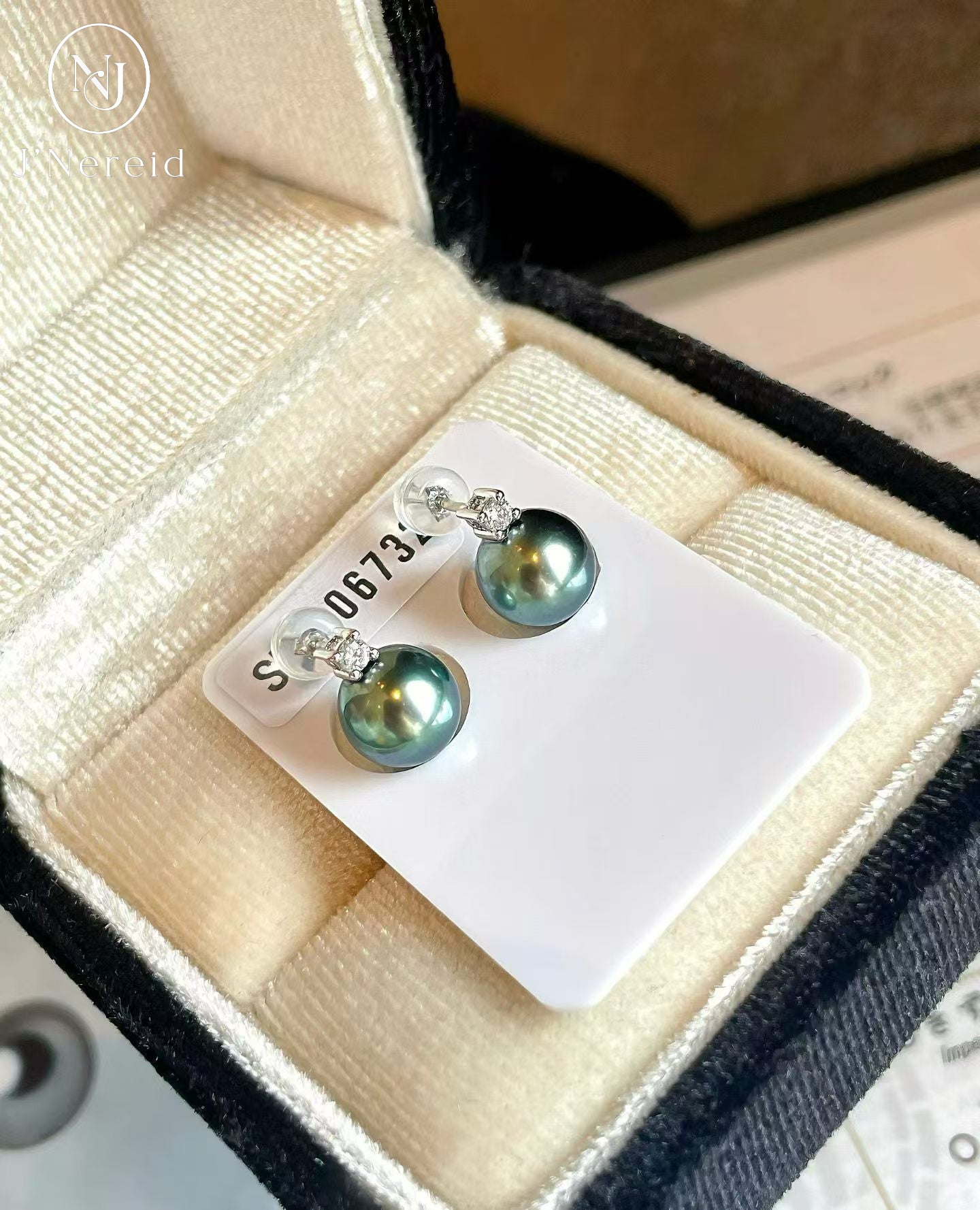 Peacock Grade Tahitian Pearl Stud Earrings 8.1mm Near Round Peacock Blue-Green Iridescent Luster Minimal Tiny Blemishes Classic Diana Setting with Pearl Science Laboratory SK Certificate