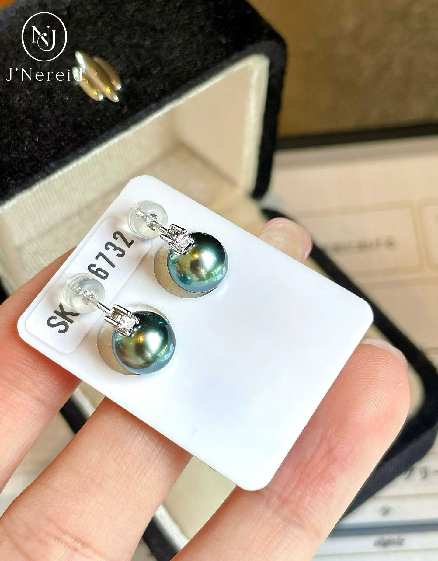 Peacock Grade Tahitian Pearl Stud Earrings 8.1mm Near Round Peacock Blue-Green Iridescent Luster Minimal Tiny Blemishes Classic Diana Setting with Pearl Science Laboratory SK Certificate