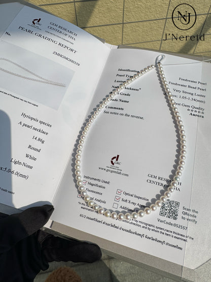 5A Aurora Grade Freshwater Pearl Necklace 5.0-6.0mm Perfect Round Vivid Iridescent Very Strong Luster Slight Minor Blemishes with Official GRC Certification