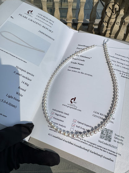5A Aurora Grade Freshwater Pearl Necklace 5.0-6.0mm Perfect Round Vivid Iridescent Very Strong Luster Slight Minor Blemishes with Official GRC Certification