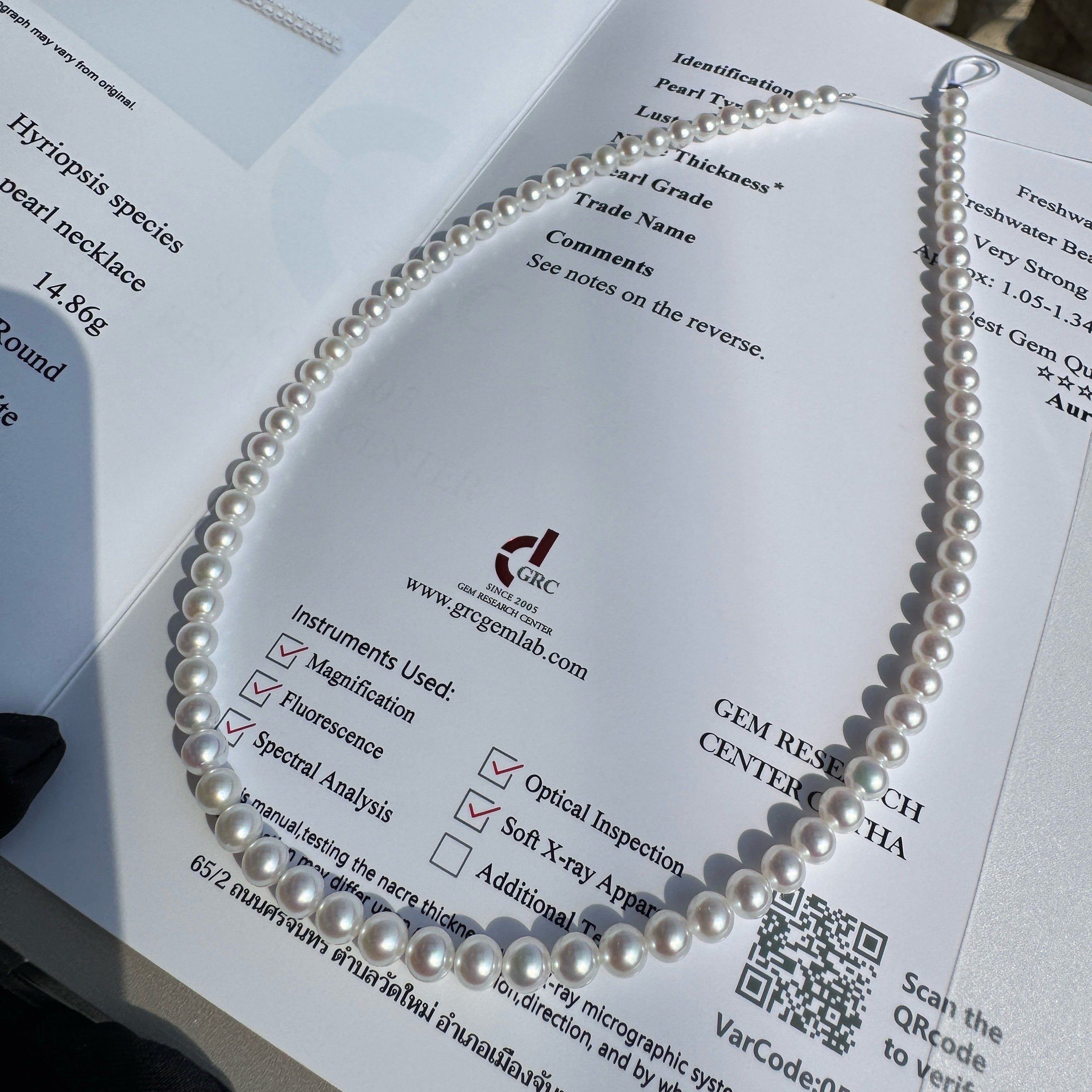 5A Aurora Grade Freshwater Pearl Necklace 5.0-6.0mm Perfect Round Vivid Iridescent Very Strong Luster Slight Minor Blemishes with Official GRC Certification