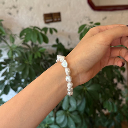 White Freshwater Baroque Pearl Bracelet with S925 Silver Zircon Clasp, Irregular Keshi Pearl Bracelet for Women