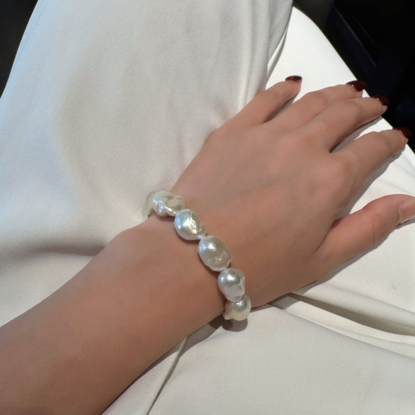Aurora Iridescent Small-sized Slightly Flawed  Baroque Freshwater Pearl Bracelet (14-17mm) with S925 Silver Clasp