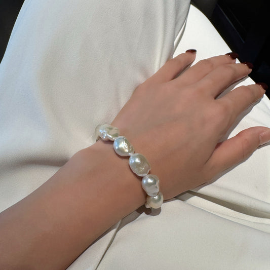 Aurora Iridescent Small-sized Slightly Flawed  Baroque Freshwater Pearl Bracelet (14-17mm) with S925 Silver Clasp