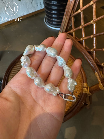 Aurora Iridescent Small-sized Slightly Flawed  Baroque Freshwater Pearl Bracelet (14-17mm) with S925 Silver Clasp
