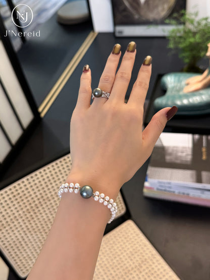 11-12mm Tahitian Pearl & 3-4mm Aurora Freshwater Pearl Double Strand Bracelet, S925 Sterling Silver Clasp, Elegant Bridal & Daily Jewelry Gift for Women