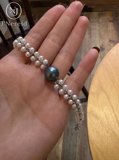 11-12mm Tahitian Pearl & 3-4mm Aurora Freshwater Pearl Double Strand Bracelet, S925 Sterling Silver Clasp, Elegant Bridal & Daily Jewelry Gift for Women