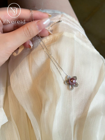 Vibrant Deep Purple Edison Aurora Pearl Flower Pendant Necklace, 8-9mm High-Luster Pearl, S925 Silver with Sparkling CZ（Pearl Variation)