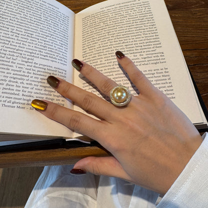 Vintage Sunflower Halo Cocktail Ring | 12‑13mm Medium Golden South Sea Cultured Pearl, Almost Flawless, High‑craft 925 Sterling Silver Pave Setting（Pearl Variation)