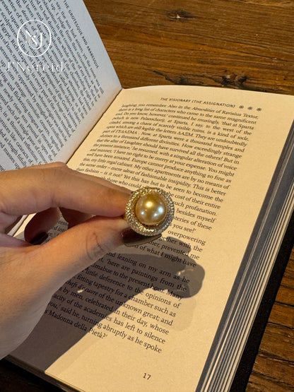 Vintage Sunflower Halo Cocktail Ring | 12‑13mm Medium Golden South Sea Cultured Pearl, Almost Flawless, High‑craft 925 Sterling Silver Pave Setting（Pearl Variation)