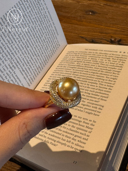 Vintage Sunflower Halo Cocktail Ring | 12‑13mm Medium Golden South Sea Cultured Pearl, Almost Flawless, High‑craft 925 Sterling Silver Pave Setting（Pearl Variation)