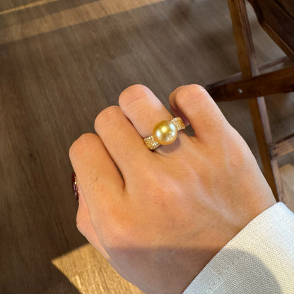 Twisted Pave Band South Sea Golden Pearl Ring | 9‑10mm Medium Gold Round  Flawless, High‑craft 925 Sterling Silver, Daily & Occasion Wear（Pearl Variation)