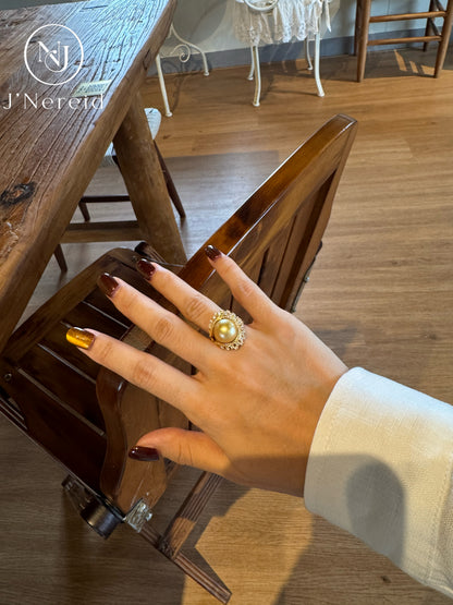 Radiant Bloom Vintage Statement South Sea Golden Pearl Ring |12‑13mm Medium Gold Near‑Round Almost Flawless, Fine‑Craft 925 Sterling Silver, Formal & Elevated Everyday Wear（Pearl Variation）
