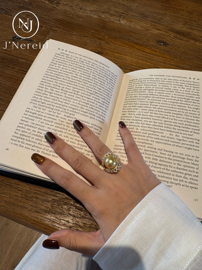 Radiant Bloom Vintage Statement South Sea Golden Pearl Ring |12‑13mm Medium Gold Near‑Round Almost Flawless, Fine‑Craft 925 Sterling Silver, Formal & Elevated Everyday Wear（Pearl Variation）