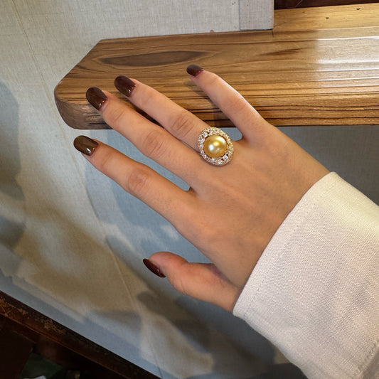 Star‑Surge Elongated Pave‑Framed South Sea Golden Pearl Ring |11‑12mm Medium Gold Near‑Round Almost Flawless, Premium 925 Sterling Silver, Evening & Sophisticated Daily Outfits（Pearl Variation)