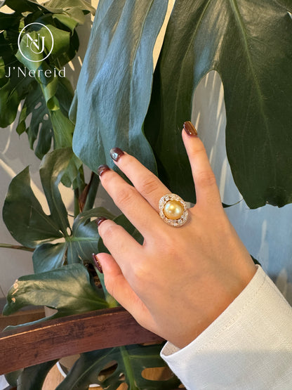 Star‑Surge Elongated Pave‑Framed South Sea Golden Pearl Ring |11‑12mm Medium Gold Near‑Round Almost Flawless, Premium 925 Sterling Silver, Evening & Sophisticated Daily Outfits（Pearl Variation)