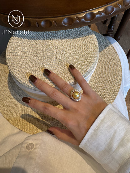 Star‑Surge Elongated Pave‑Framed South Sea Golden Pearl Ring |11‑12mm Medium Gold Near‑Round Almost Flawless, Premium 925 Sterling Silver, Evening & Sophisticated Daily Outfits（Pearl Variation)