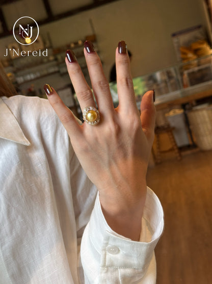 Star‑Surge Elongated Pave‑Framed South Sea Golden Pearl Ring |11‑12mm Medium Gold Near‑Round Almost Flawless, Premium 925 Sterling Silver, Evening & Sophisticated Daily Outfits（Pearl Variation)