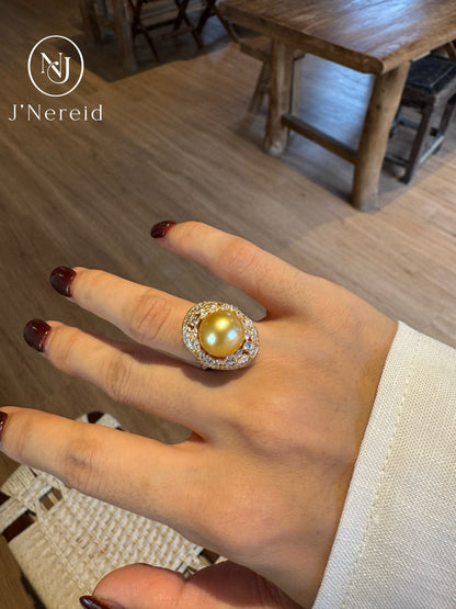 Star‑Surge Elongated Pave‑Framed South Sea Golden Pearl Ring |11‑12mm Medium Gold Near‑Round Almost Flawless, Premium 925 Sterling Silver, Evening & Sophisticated Daily Outfits（Pearl Variation)