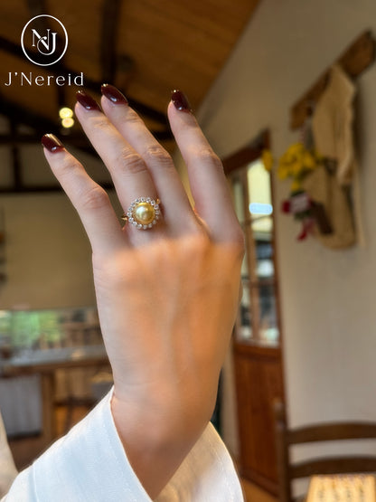 Morning‑Sun Petal‑Framed South Sea Golden Pearl Ring | 9-10mm Medium Gold Near‑Round Almost Flawless, Fine‑Craft 925 Sterling Silver, For Work & Special Occasion（Pearl Variation）