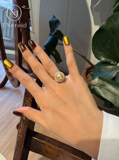 Morning‑Sun Petal‑Framed South Sea Golden Pearl Ring | 9-10mm Medium Gold Near‑Round Almost Flawless, Fine‑Craft 925 Sterling Silver, For Work & Special Occasion（Pearl Variation）