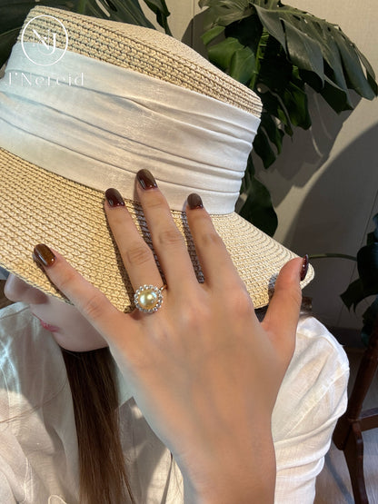 Morning‑Sun Petal‑Framed South Sea Golden Pearl Ring | 9-10mm Medium Gold Near‑Round Almost Flawless, Fine‑Craft 925 Sterling Silver, For Work & Special Occasion（Pearl Variation）