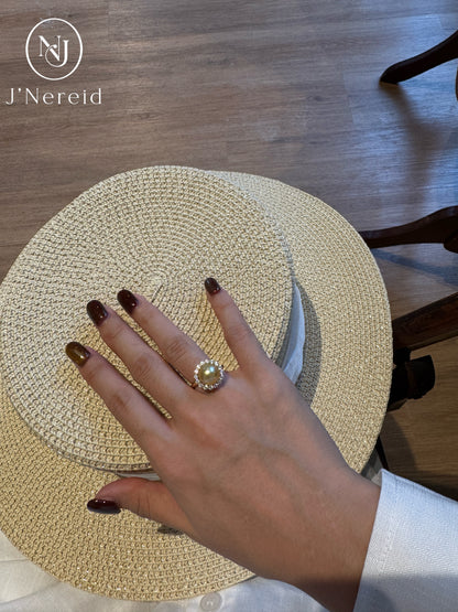 Morning‑Sun Petal‑Framed South Sea Golden Pearl Ring | 9-10mm Medium Gold Near‑Round Almost Flawless, Fine‑Craft 925 Sterling Silver, For Work & Special Occasion（Pearl Variation）