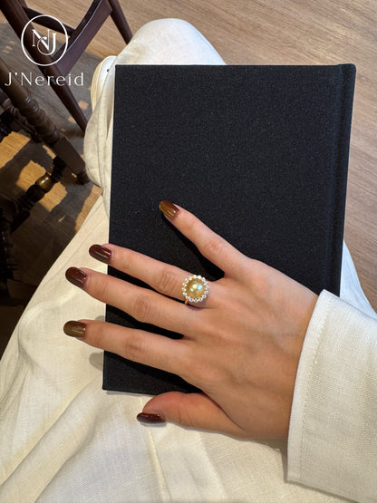 Morning‑Sun Petal‑Framed South Sea Golden Pearl Ring | 9-10mm Medium Gold Near‑Round Almost Flawless, Fine‑Craft 925 Sterling Silver, For Work & Special Occasion（Pearl Variation）