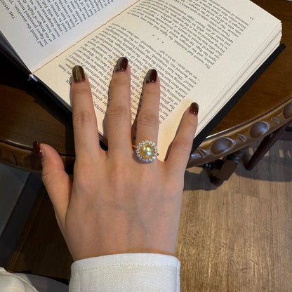 Morning‑Sun Petal‑Framed South Sea Golden Pearl Ring | 9-10mm Medium Gold Near‑Round Almost Flawless, Fine‑Craft 925 Sterling Silver, For Work & Special Occasion（Pearl Variation）